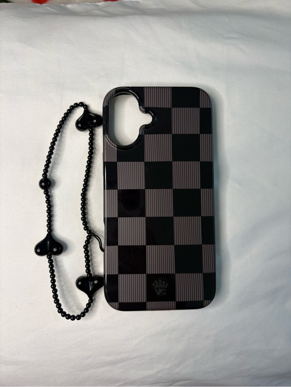 Velvet Caviar Black and Gray Checkerboard Phone Case with Beaded Strap